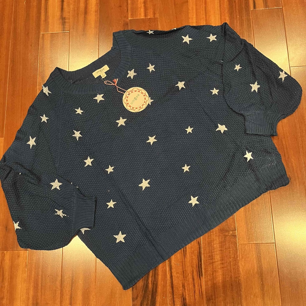 Umgee Star Print‎ Sweater Peacock Navy Blue Long Sleeve Textured Knit New Small